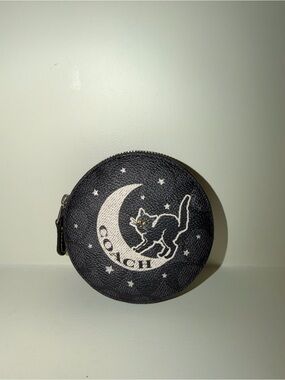 Coach Black Round Coin Pouch with Moon & Cat Motif